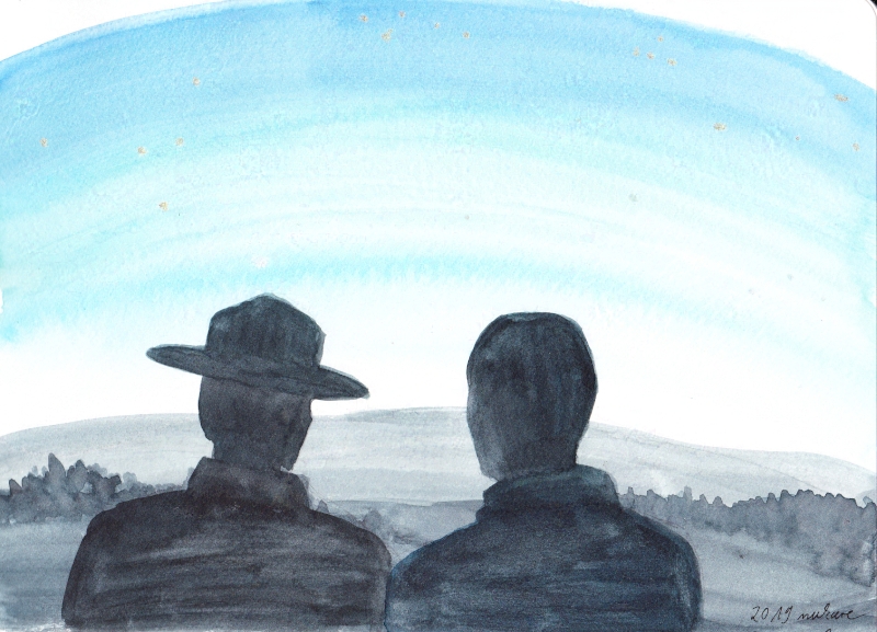 outline of two men in front a sky